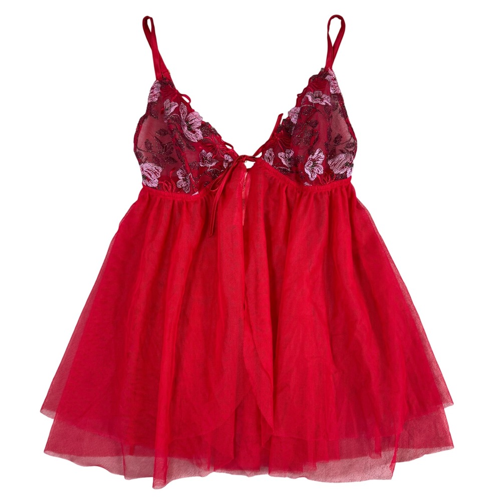 Victorias Secret Red Mesh Floral Embroidered Babydoll Lingerie XL